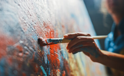 Female Artist Works on Abstract Oil Painting, Moving Paint Brush