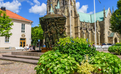 View at the square in the city Skara in Sweden, with the famous cathedral
